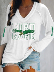 Women's Bird Gang Football Fans Lovers Gameday Casual V-Neck Long-Sleeve T-Shirt