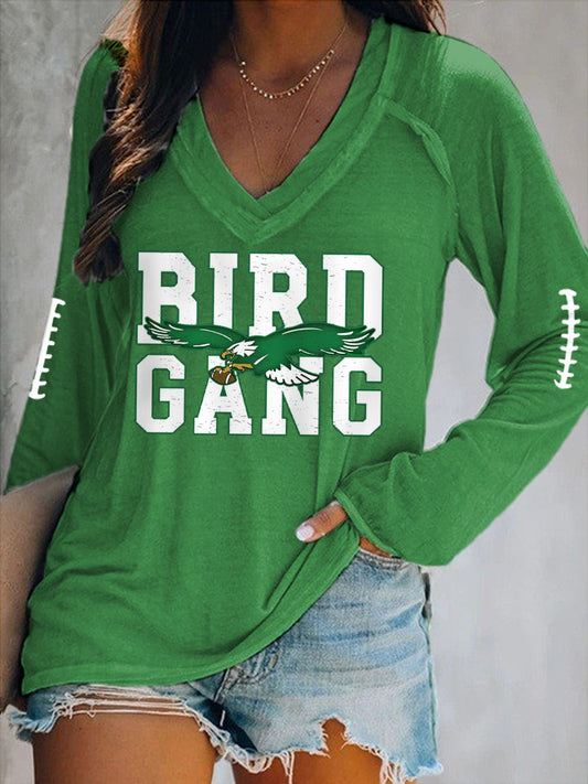 Women's Bird Gang Football Fans Lovers Gameday Casual V-Neck Long-Sleeve T-Shirt