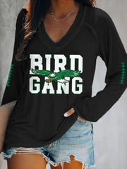 Women's Bird Gang Football Fans Lovers Gameday Casual V-Neck Long-Sleeve T-Shirt