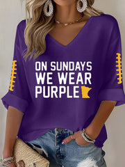 Women's Football Fans Lovers Gameday Casual V-Neck Long-Sleeve Top