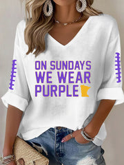 Women's Football Fans Lovers Gameday Casual V-Neck Long-Sleeve Top