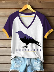 Women's Football Fans Lovers Gameday Casual V-neck Off-shoulder Short Sleeve T-shirt