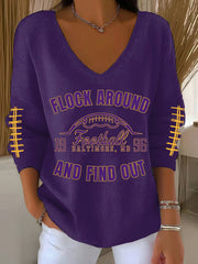 Women's Football Fans Lovers Gameday Casual V-Neck Ribbed Top