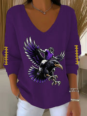 Women's Football Fans Lovers Gameday Casual V-Neck Ribbed Top