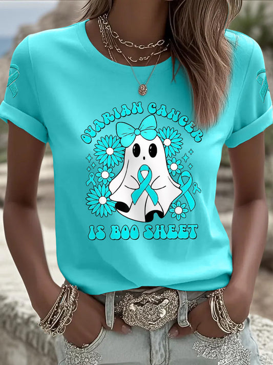 Women's Ovarian Cancer Is Boo Sheet Halloween Ghost Teal Ribbon Ovarian Cancer Awareness Tee