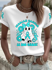 Women's Ovarian Cancer Is Boo Sheet Halloween Ghost Teal Ribbon Ovarian Cancer Awareness Tee