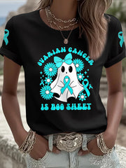 Women's Ovarian Cancer Is Boo Sheet Halloween Ghost Teal Ribbon Ovarian Cancer Awareness Tee