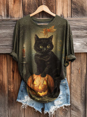 Women's Halloween Cat Art Print Long-sleeved Casual T-shirt