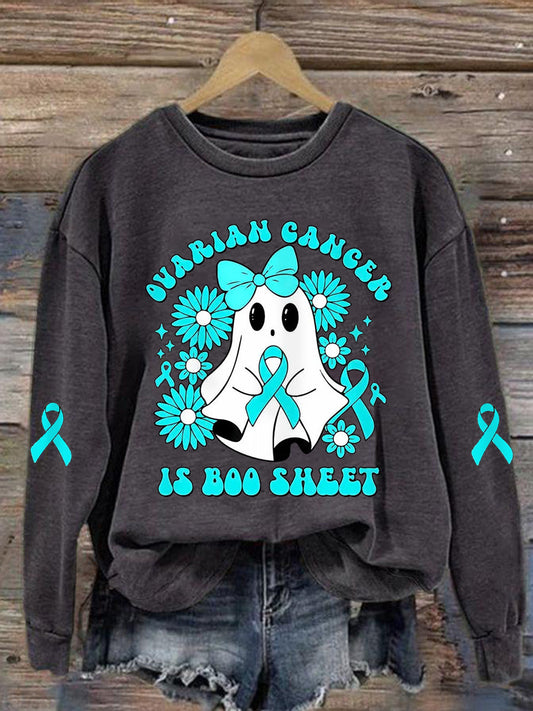 Women's Ovarian Cancer Is Boo Sheet Halloween Ghost Teal Ribbon Ovarian Cancer Awareness Sweatshirt