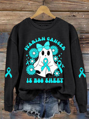 Women's Ovarian Cancer Is Boo Sheet Halloween Ghost Teal Ribbon Ovarian Cancer Awareness Sweatshirt