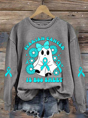 Women's Ovarian Cancer Is Boo Sheet Halloween Ghost Teal Ribbon Ovarian Cancer Awareness Sweatshirt