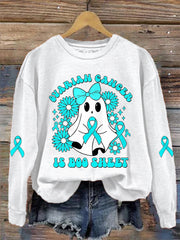 Women's Ovarian Cancer Is Boo Sheet Halloween Ghost Teal Ribbon Ovarian Cancer Awareness Sweatshirt