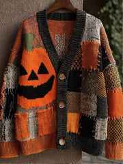 Women's Halloween Patchwork Art Print Buttoned Cardigan