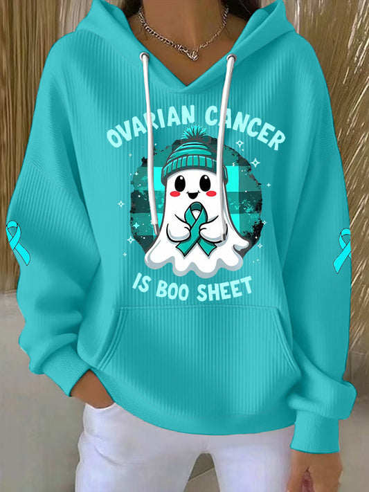 Women's Ovarian Cancer Is Boo Sheet Halloween Ghost Teal Ribbon Ovarian Cancer Awareness Hoodie