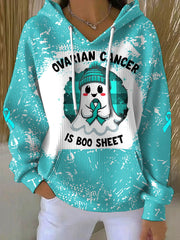 Women's Ovarian Cancer Is Boo Sheet Halloween Ghost Teal Ribbon Ovarian Cancer Awareness Hoodie