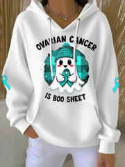 Women's Ovarian Cancer Is Boo Sheet Halloween Ghost Teal Ribbon Ovarian Cancer Awareness Hoodie