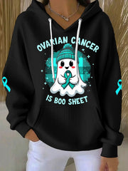 Women's Ovarian Cancer Is Boo Sheet Halloween Ghost Teal Ribbon Ovarian Cancer Awareness Hoodie