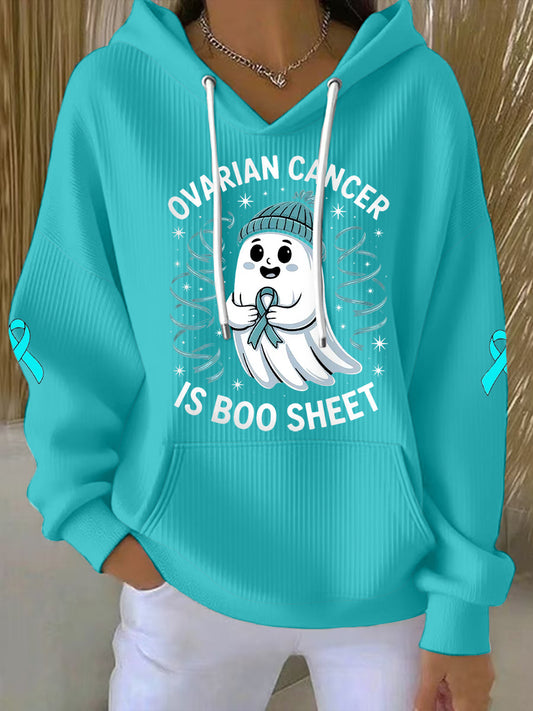 Women's Ovarian Cancer Is Boo Sheet Halloween Ghost Teal Ribbon Ovarian Cancer Awareness Hoodie