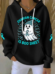 Women's Ovarian Cancer Is Boo Sheet Halloween Ghost Teal Ribbon Ovarian Cancer Awareness Hoodie