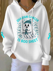 Women's Ovarian Cancer Is Boo Sheet Halloween Ghost Teal Ribbon Ovarian Cancer Awareness Hoodie