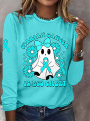 Women's Ovarian Cancer Is Boo Sheet Halloween Ghost Teal Ribbon Ovarian Cancer Awareness Long-Sleeve T-Shirt