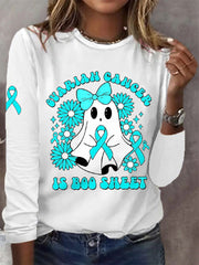 Women's Ovarian Cancer Is Boo Sheet Halloween Ghost Teal Ribbon Ovarian Cancer Awareness Long-Sleeve T-Shirt