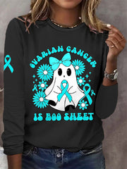 Women's Ovarian Cancer Is Boo Sheet Halloween Ghost Teal Ribbon Ovarian Cancer Awareness Long-Sleeve T-Shirt