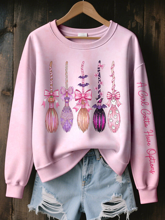 Women's A Girl Gotta Have Options Witch Brooms Print Sweatshirt