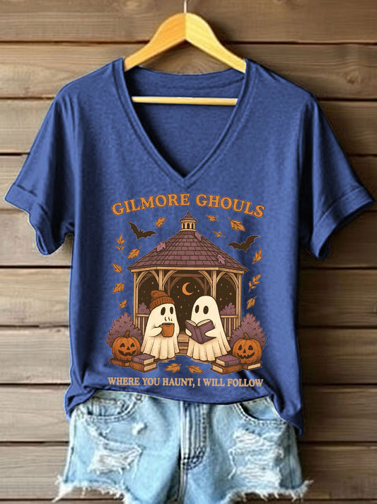 Women's Where You Haunt I Will Follow Print V-Neck T-Shirt