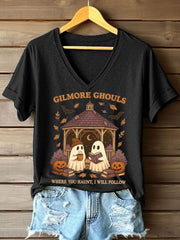 Women's Where You Haunt I Will Follow Print V-Neck T-Shirt