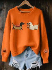Women's Halloween Inspired Dachshund Embroidered Cozy Knit Sweater