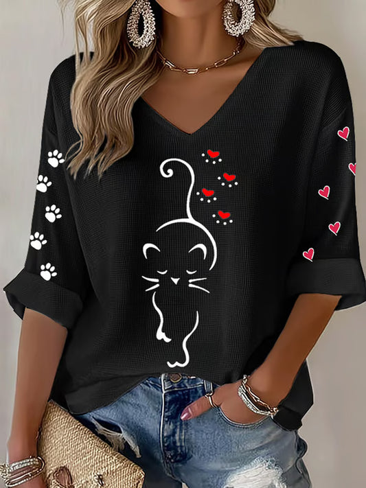 Women's Cute Cat Print Cat Mom Cat Lovers Casual Long-Sleeve T-shirt