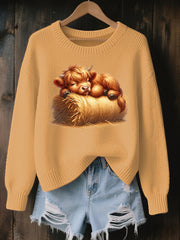 Women's Autumn Animal Highland Cow Cozy Knitted Sweater