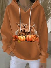 Women's Autumn Animal Highland Cow Print Casual Hoodie