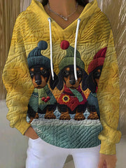 Women's Vintage Autumn Fallen Patchwork Dog Print Art Casual Hoodie