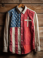 Men's Vintage American Flag Faith Cross Long-Sleeve Shirt