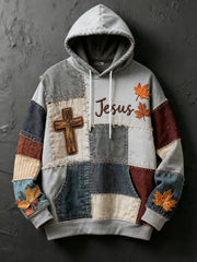 Men's Retro Casual Faith Cross Art Print Oversized Drop-Shoulder Pockets Hoodie