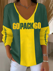 Women's Football V-Neck Ribbed Print Top