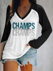 Women's Football Fans Lovers Gameday Casual Double Layer Neck Long Sleeve T-Shirt