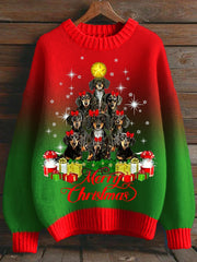 Women's Christmas Dachshund Christmas Tree Crew Neck Gradient Sweater