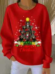Women's Christmas Dachshund Christmas Tree Crew Neck Striped Sweatshirt