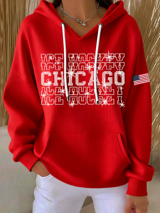Women's Chicago Ice Hockey Rhinestone Printed Hoodie