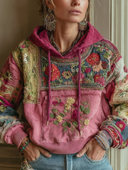 Women's botanical floral print Drawstring Hoodie