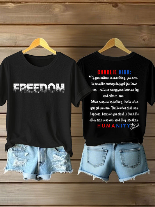 Women's Charlie Kirk Freedom Print Iron On Short Sleeve T-Shirt