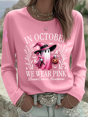 Women's In October We Wear Pink Halloween Pink Ghost Breast Cancer Awareness Support Long Sleeve T-Shirt