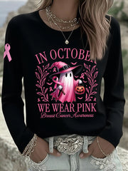 Women's In October We Wear Pink Halloween Pink Ghost Breast Cancer Awareness Support Long Sleeve T-Shirt