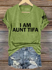 Women's I Am Aunt Tifa Aunties Against Fascists V-Neck Tee