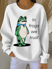 Women's In Frogs We Trust Polish Frog Print Ribbed Round-Neck Sweatshirt