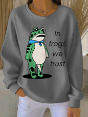 Women's In Frogs We Trust Polish Frog Print Ribbed Round-Neck Sweatshirt