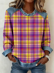 Women's Vintage Plaid Pattern Denim Patchwork Sweatshirt